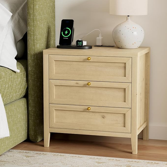 Farmhouse Nightstand with 3 Drawers Larger Night Stand with Charging Station Tall Bed Side Table ... | Amazon (US)