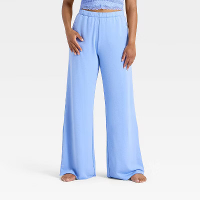 Women's PeachySoft French Terry Fleece Wide Leg Lounge Pants - Wild Fable™ Blue L | Target