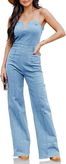 PLNOTME Womens Denim Jumpsuit Cute V Neck Spaghetti Straps Zip up Curvy Jeans Long Pants Rompers | Amazon (US)