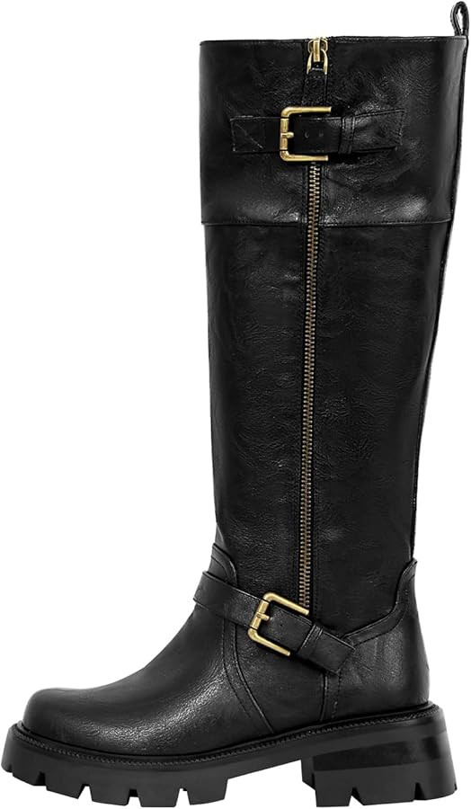 sexytag Knee High Riding Boots Women Biker Motorcycle Boots Buckle Block Heel Dress Combat Boots ... | Amazon (US)