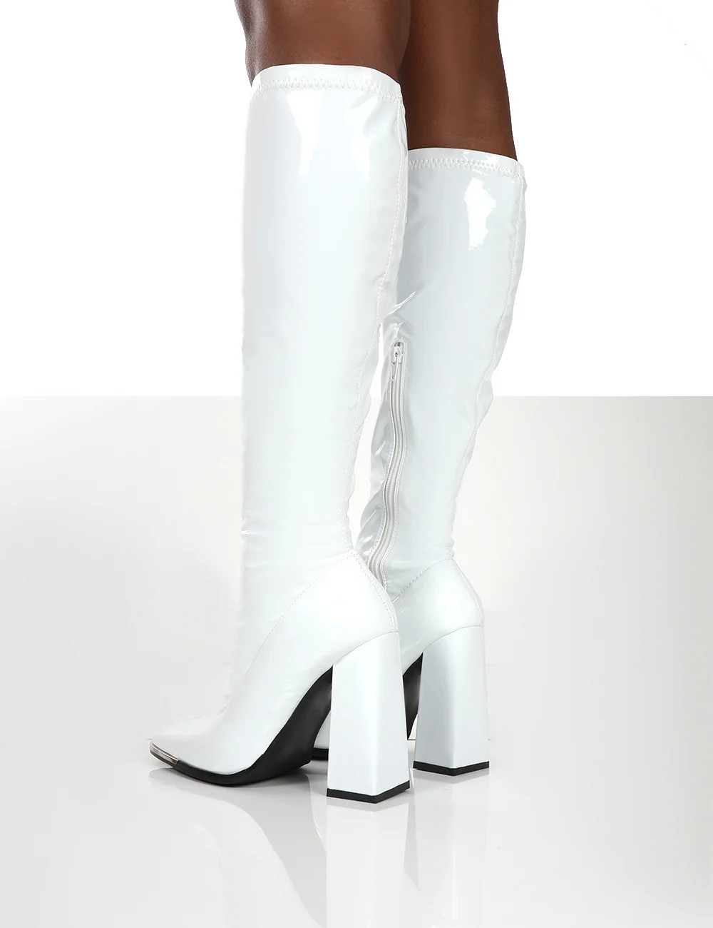 Caryn White Patent Wide Fit Knee High Block Heeled Boots | Public Desire