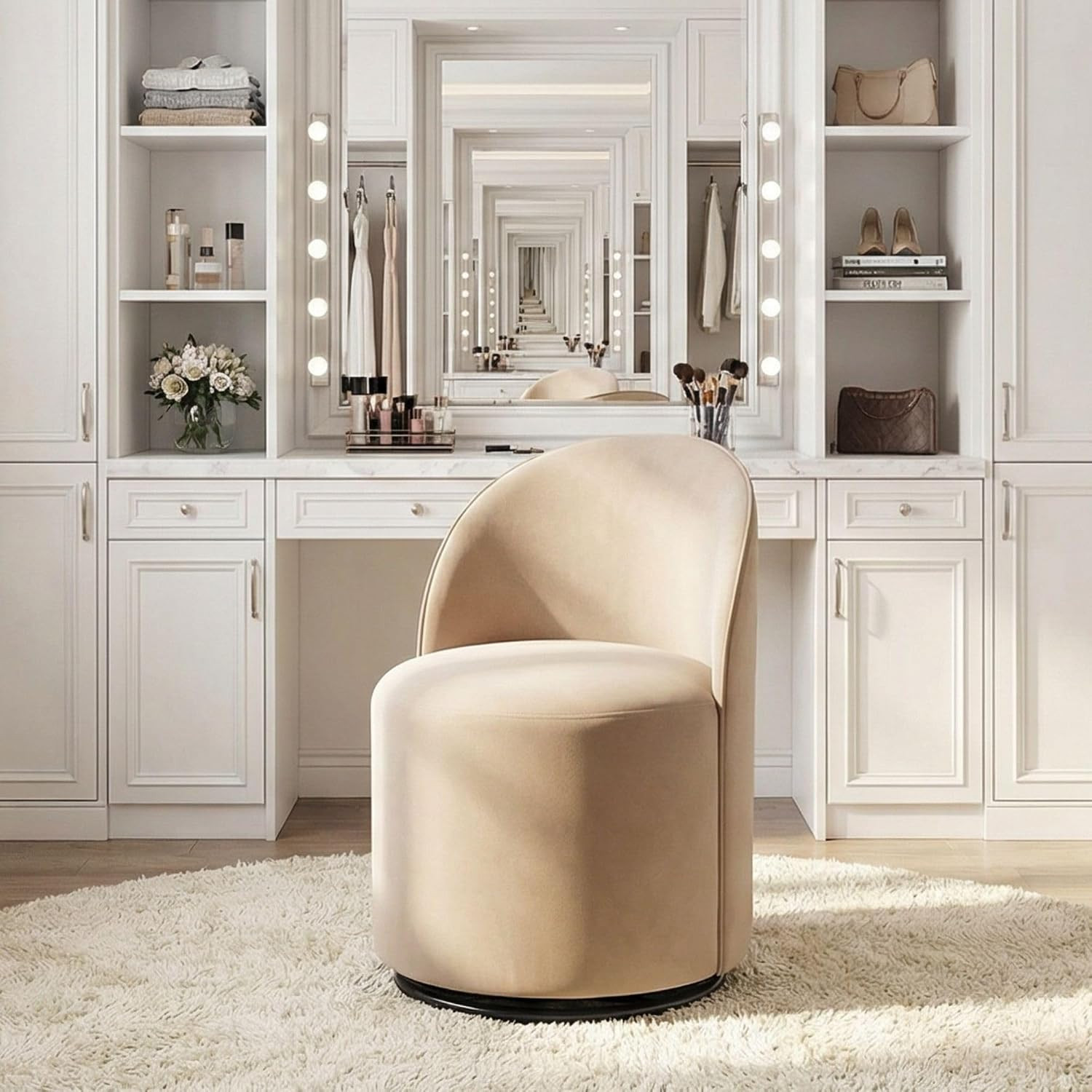 Upholstered Kitchen & Dining Room Barrel Chair, Mid Century Modern Round Velvet Dining Chair, 360 Degree Swivel Comfy Armless Accent Makeup Vanity Side Chair for Bedroom Living Room, Khaki | Amazon (US)