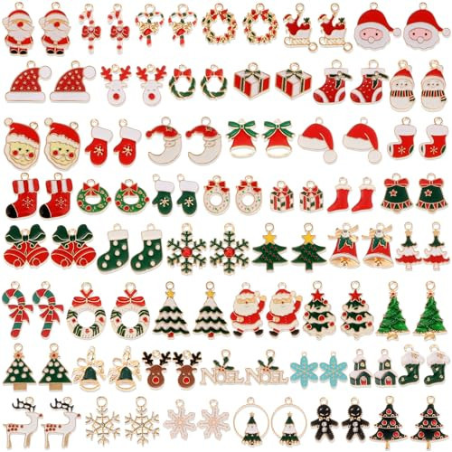 100Pcs 50 Pairs Christmas Charms for Jewelry Making and Bracelets, Gold Enamel Jewelry Pendants for Xmas Earring Bracelet Necklace Craft Making | Amazon (US)