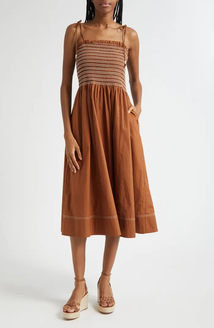 Veronica Beard Kaela Smocked Tie Strap Midi Dress | Nordstrom | Nordstrom