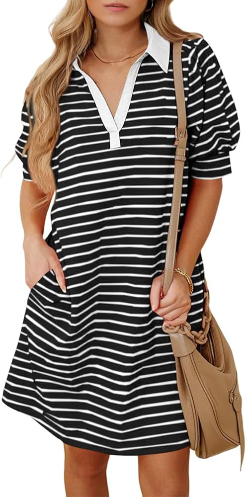 BLENCOT Women's Casual Polo V Neck T Shirt Striped Dress Summer Puff Short Sleeve MIdi Dresses | Amazon (US)