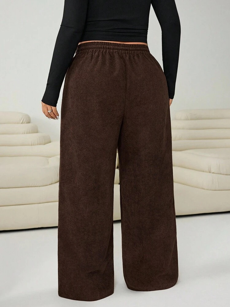 Solflare Relaxed Fit Coffee Brown Corduroy Wide Leg Plus Size Long Pants With Drawstring Waist And Pockets Comfy Pants Brown Pants Corduroy Pants Wide Pants Loose Pants | SHEIN