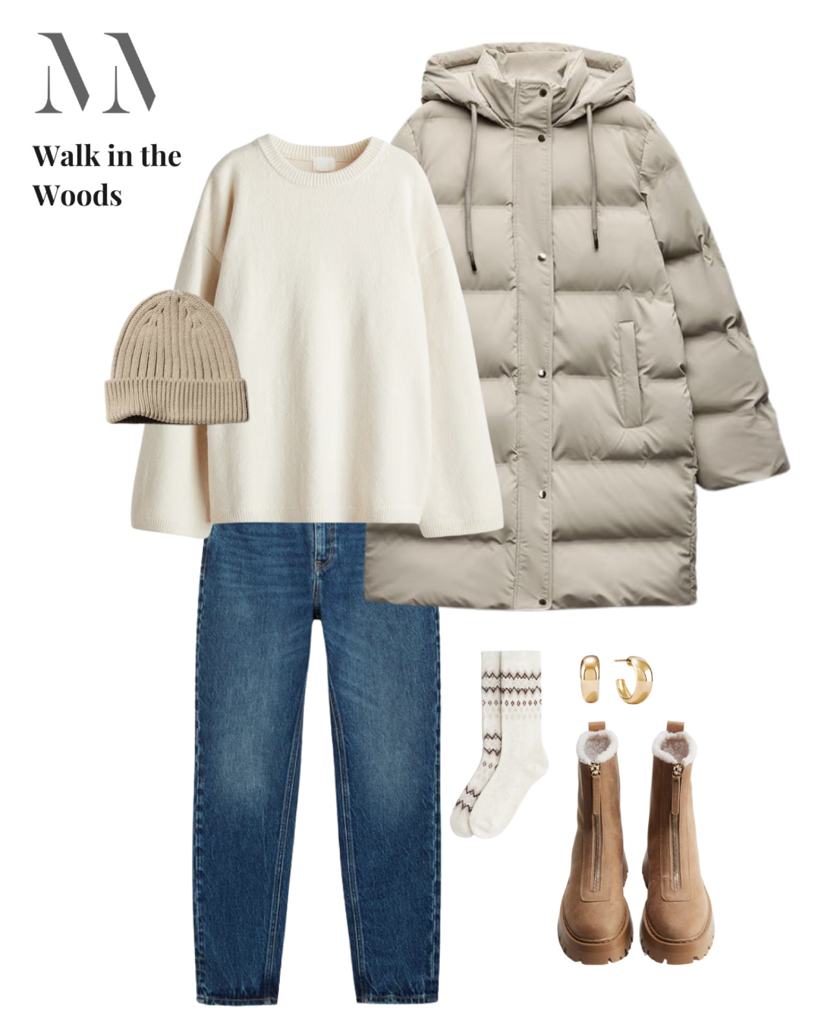 A woodland walk calls for a warm and practical outfit. A chunky knit and padded coat will keep your snug while relaxed jeans and boots are just what you need for the outdoors. Add a beanie and playful patterned socks - ideal for a leisurely stroll in the woods. 

#LTKuk #LTKfamily #LTKmidsize