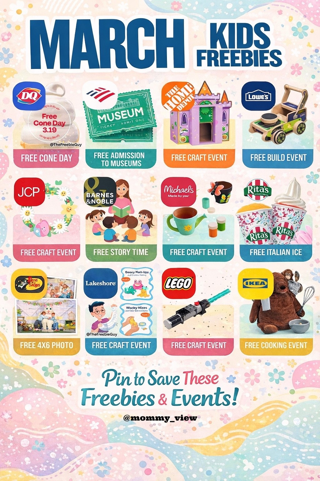 Looking for free things to do with kids in March? This list of kids freebies and family events includes free ice cream, museum admission days, craft events, story time, LEGO builds, and fun activities at popular stores and restaurants.
These free kids activities are perfect for families looking to save money while keeping kids entertained all month long. Many stores host free kids workshops, storytimes, and build events, and there are even seasonal treats like free ice cream and Italian ice days to enjoy.
Save this pin so you don’t miss any of these March kids events and freebies for families!
#kidsfreebies #freeforkids #freekidsactivities #familyfunideas #thingstodowithkids #budgetfamily #momlifehacks #freefamilyevents #kidsactivities #familyactivities #savemoneymom

#LTKKids #LTKmomlife