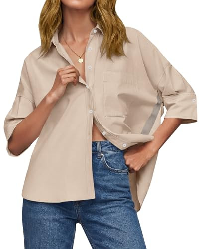 Cicy Bell Womens Summer Oversized Button Down Shirts Half Sleeve V Neck Business Casual High Low ... | Amazon (US)