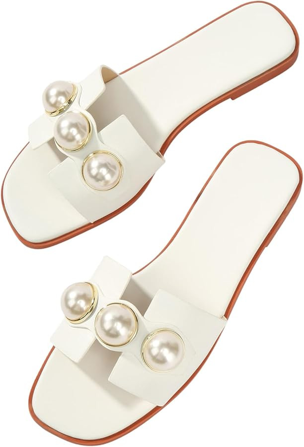 Verdusa Women's Flat Sandals Pearl Sandals Square Toe Summer Slip On Flat Shoes | Amazon (US)