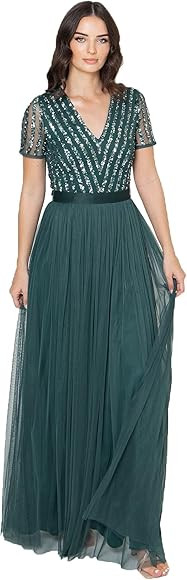 Maya Deluxe Damen Maxi Dress for Women Ladies Braidesmaid V-Neck Plus Size Ball Gown Short Sleeve... | Amazon (DE)