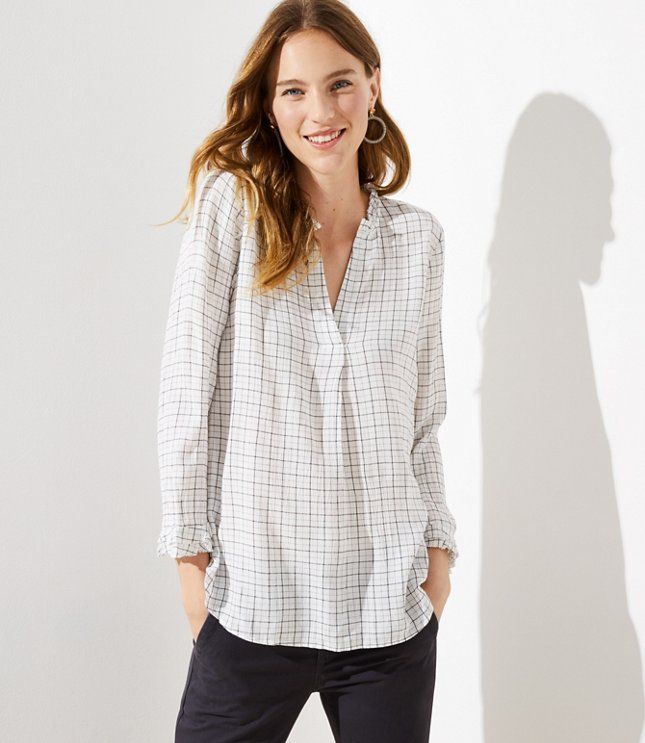 Plaid Ruffle Split Neck Blouse | LOFT | LOFT