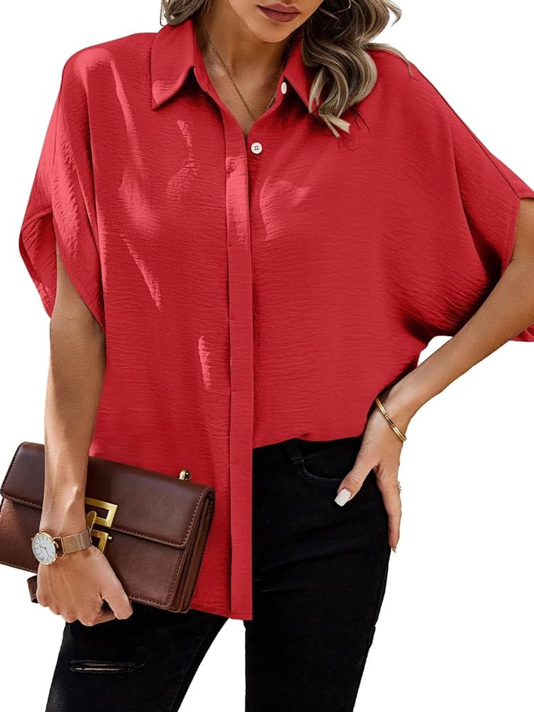 Theenkoln Womens Casual Button Shirt: Summer Short Sleeve Button Down Work V-Neck Loose Fashion T... | Amazon (US)