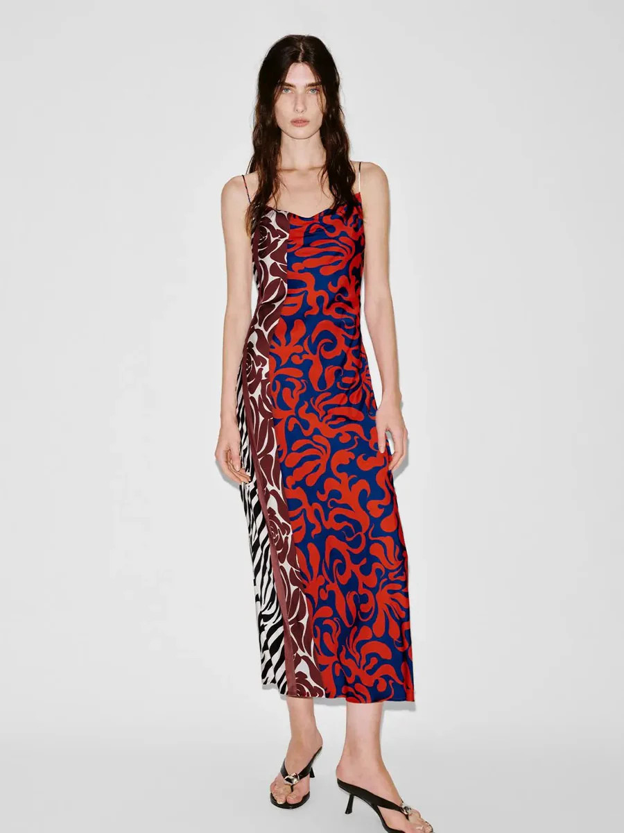 Viscose Contrast Print Strappy Maxi Dresses | Urban Revivo