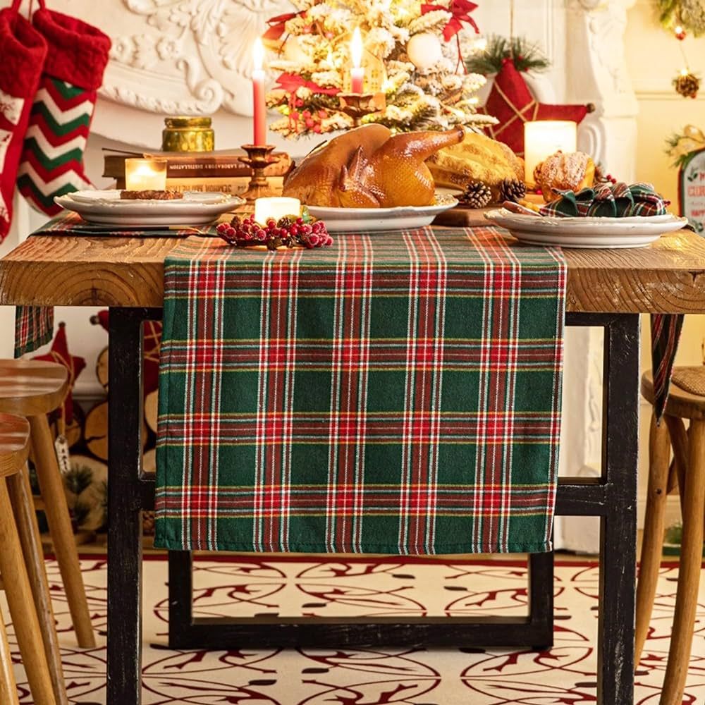 AQOTHES Red Green Plaid Christmas Table Runner, Winter Holiday Table Runners 72 inches Long, Xmas... | Amazon (US)