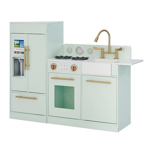 Teamson Kids Little Chef Charlotte Kids Play Kitchen, Wooden Kitchen Playset for Toddlers with Accessories, Pretend Ice Maker, Modular Design, & Storage Space, Mint/Gold, Gift for Ages 3+ | Amazon (US)