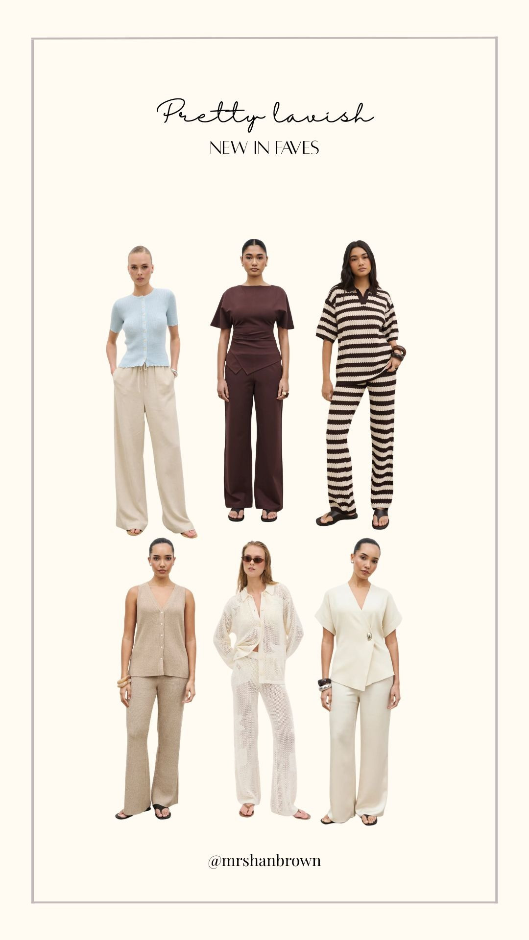 Pretty Lavish Faves 🤎

Neutral Co-ord Sets, Summer Knit Co-ord, Cream Wide Leg Trousers, Brown And Cream Outfits, Minimal Capsule Wardrobe, Elevated Loungewear Sets 

 #LTKuk #LTKspring #LTKsummer