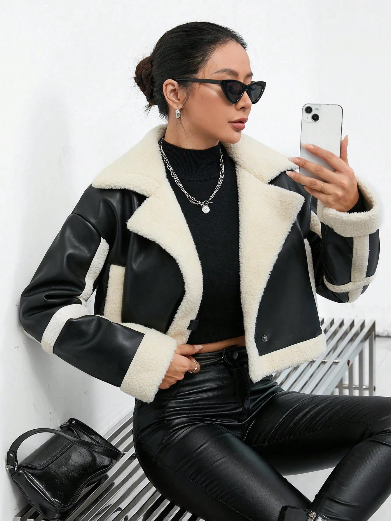 Teddy Lined Zip Up PU Leather Moto Jacket | SHEIN