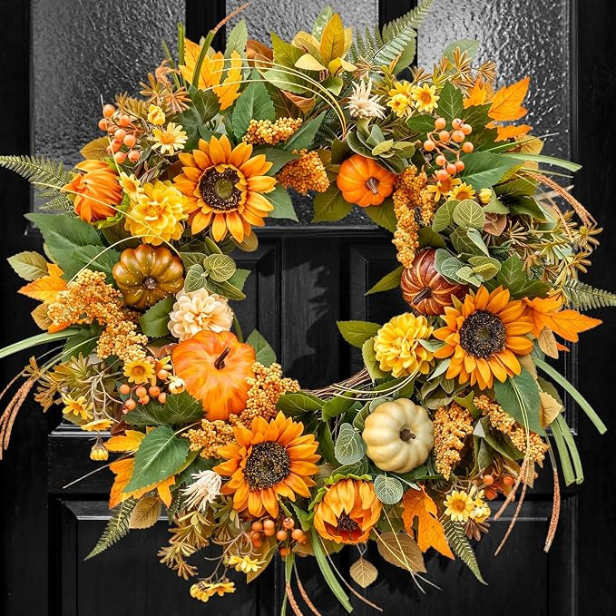 24 Inch Fall Wreaths for Front Door Outside with Sunflowers,Pumpkins,Leaves | Autumn Wreath for F... | Amazon (US)