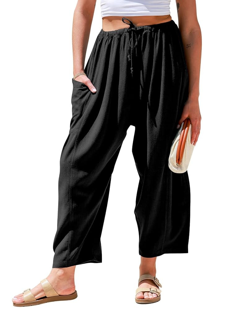 TARSE Womens Linen Wide Leg Pants Casual Loose Drawstring Summer Beach Travel Vacation Palazzo Ha... | Amazon (US)