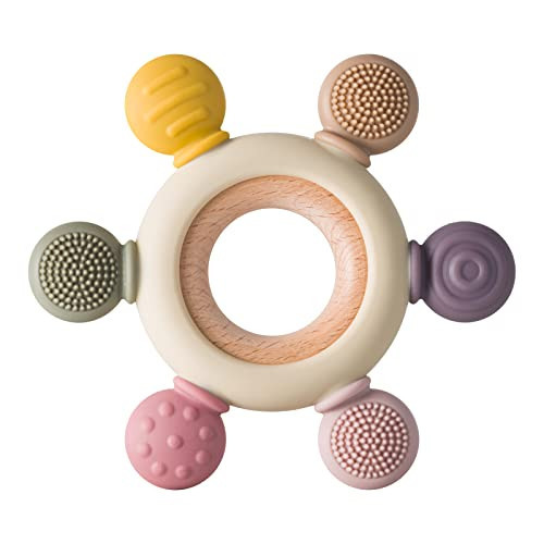 Arudyo Baby Teething Toys Silicone Teethers BPA Free Silicone Rudder with Wooden Ring Soothe Babies Gums (Khaki) | Amazon (US)