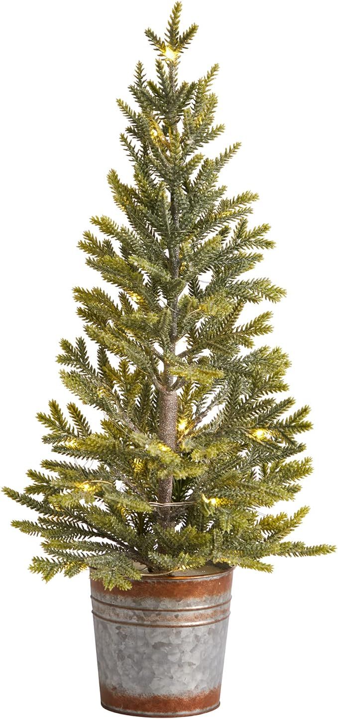 26in. Pine Natural Look Artificial Christmas Tree with 35 Warm White Lights in Rustic Metal Plant... | Amazon (US)