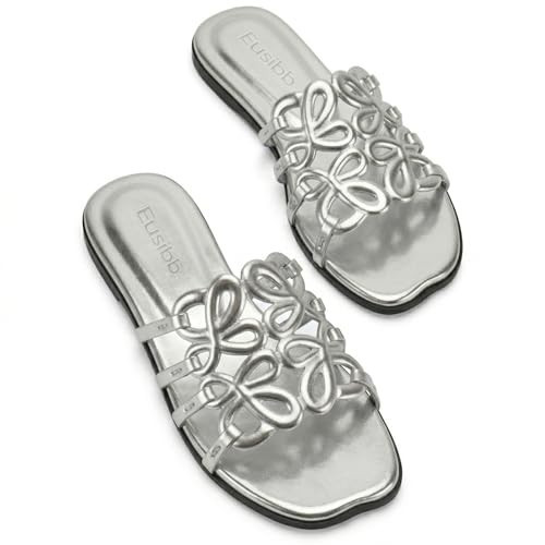 Eusibb Silver Flat Sandals for Women 2026 Luxury Open Toe Dressy Slip On Sandals Comfortable Slides for Summer | Amazon (US)