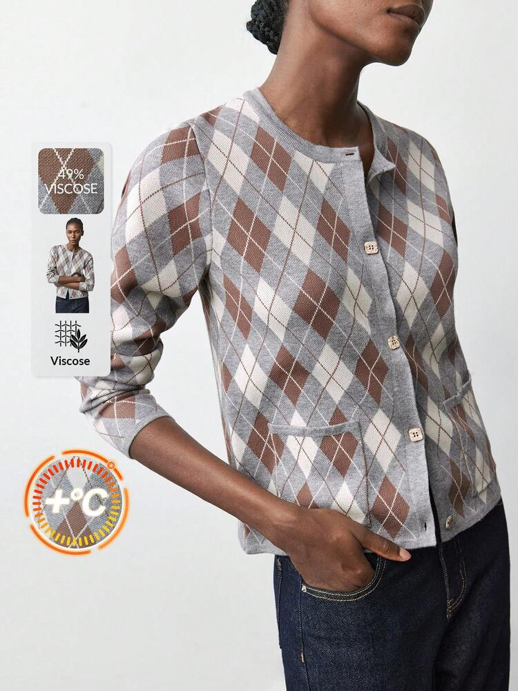 Maija Women's Multi-Color Plaid Criss-Cross Knitted Argyle Pattern Cardigan, Casual Urban Fashion, Loose Fit, Long Sleeve, Comfortable Business/Leisure Wear, Low-Key Elegant, Suitable For Office, Commuting, Social Events, Vacation, Party Women Cardigans For All Season Cardigans For Women Lightweight Cardigans Argyle Cardigan Diamond Pattern Cardigan Fall Clothes Fall Women Clothes Sweaters Sheer Cardigan Women Cardigan Diamond Cardigan Plaid Cardigan, Low-Key And Durable Basic Style, All-Match And | SHEIN