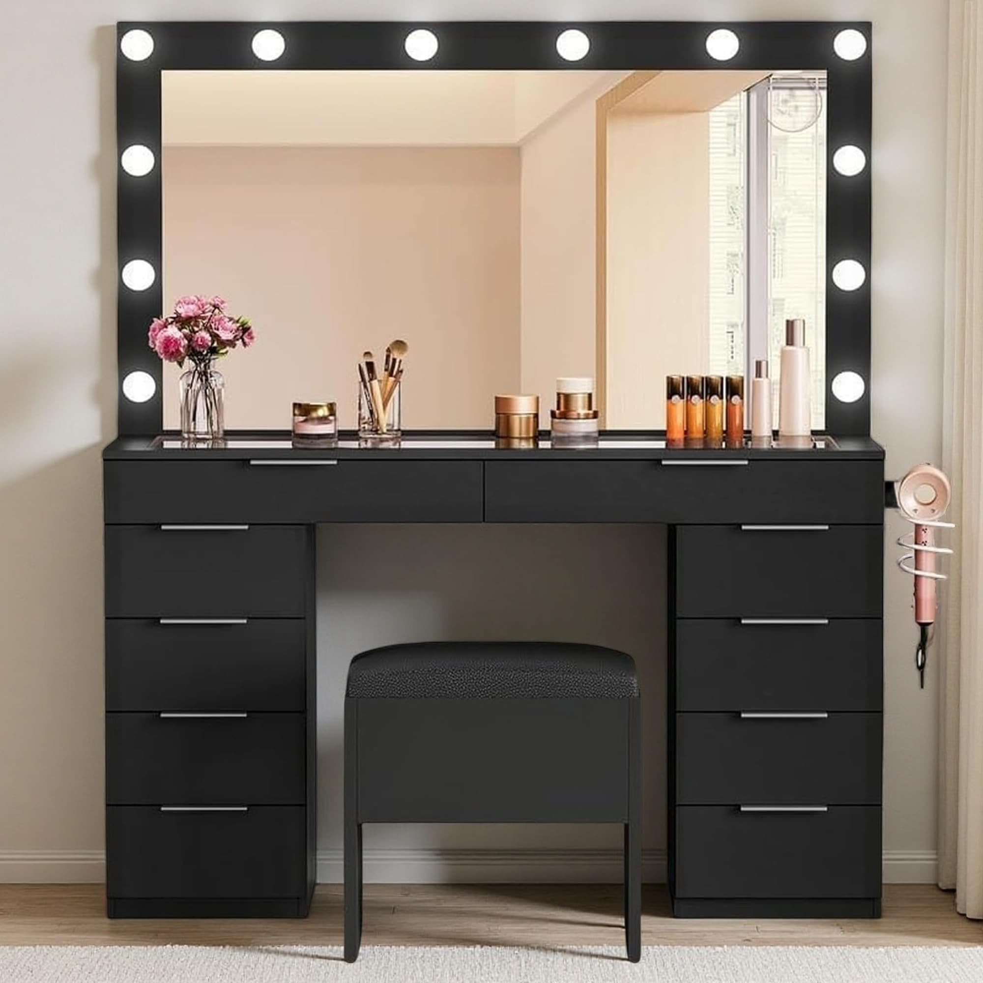 Amazon.com: DWVO 46'' Glass Top Makeup Vanity with 10 Drawers, Vanity Desk Set with Large LED Mir... | Amazon (US)
