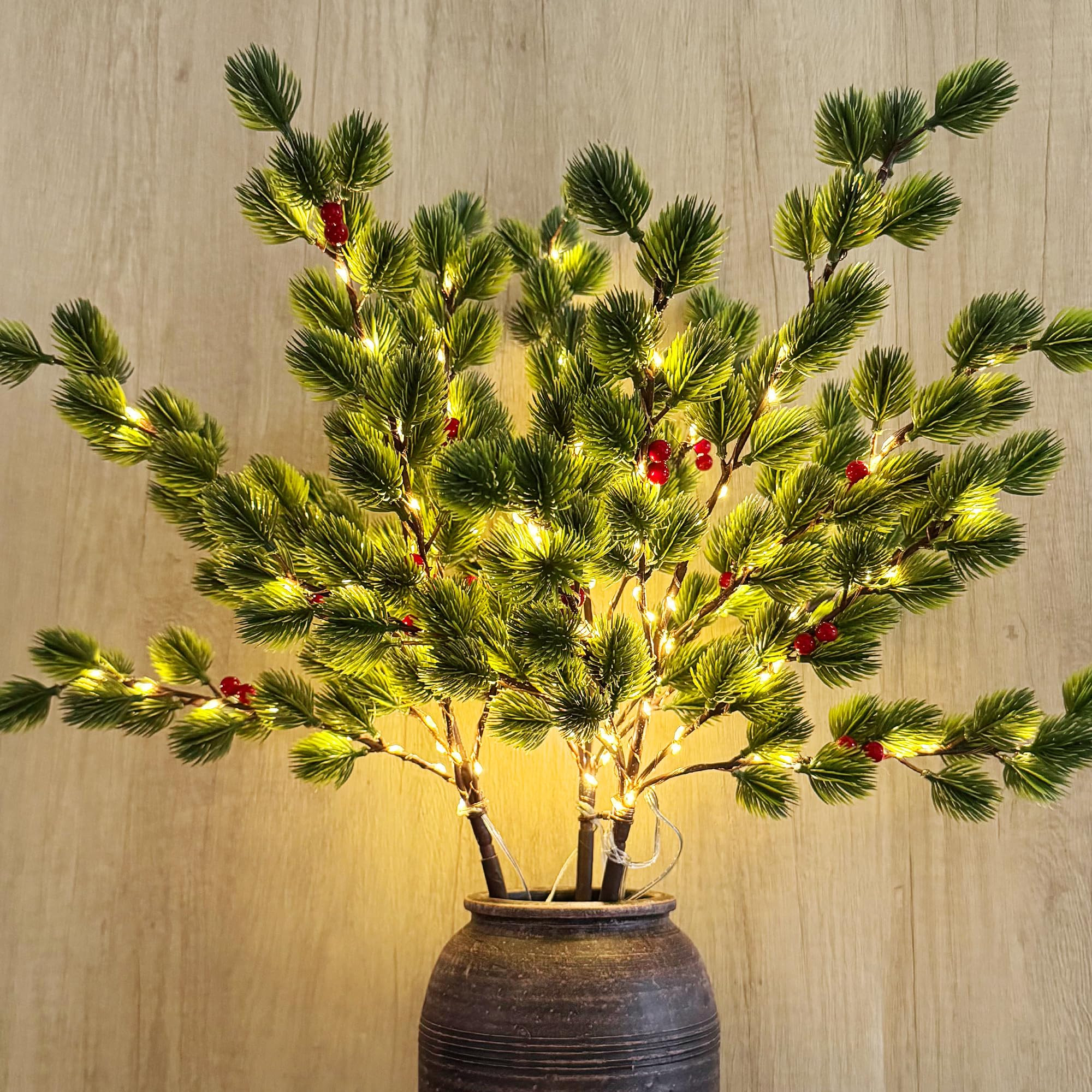 3 PCS Christmas Lighted Branches for Vases, 147 Lights with Pine Needles and Red Berries, Battery Operated, Timer, Handmade Artificial Evergreen Sprig Twinkle Trees for Indoor Outdoor | Amazon (US)