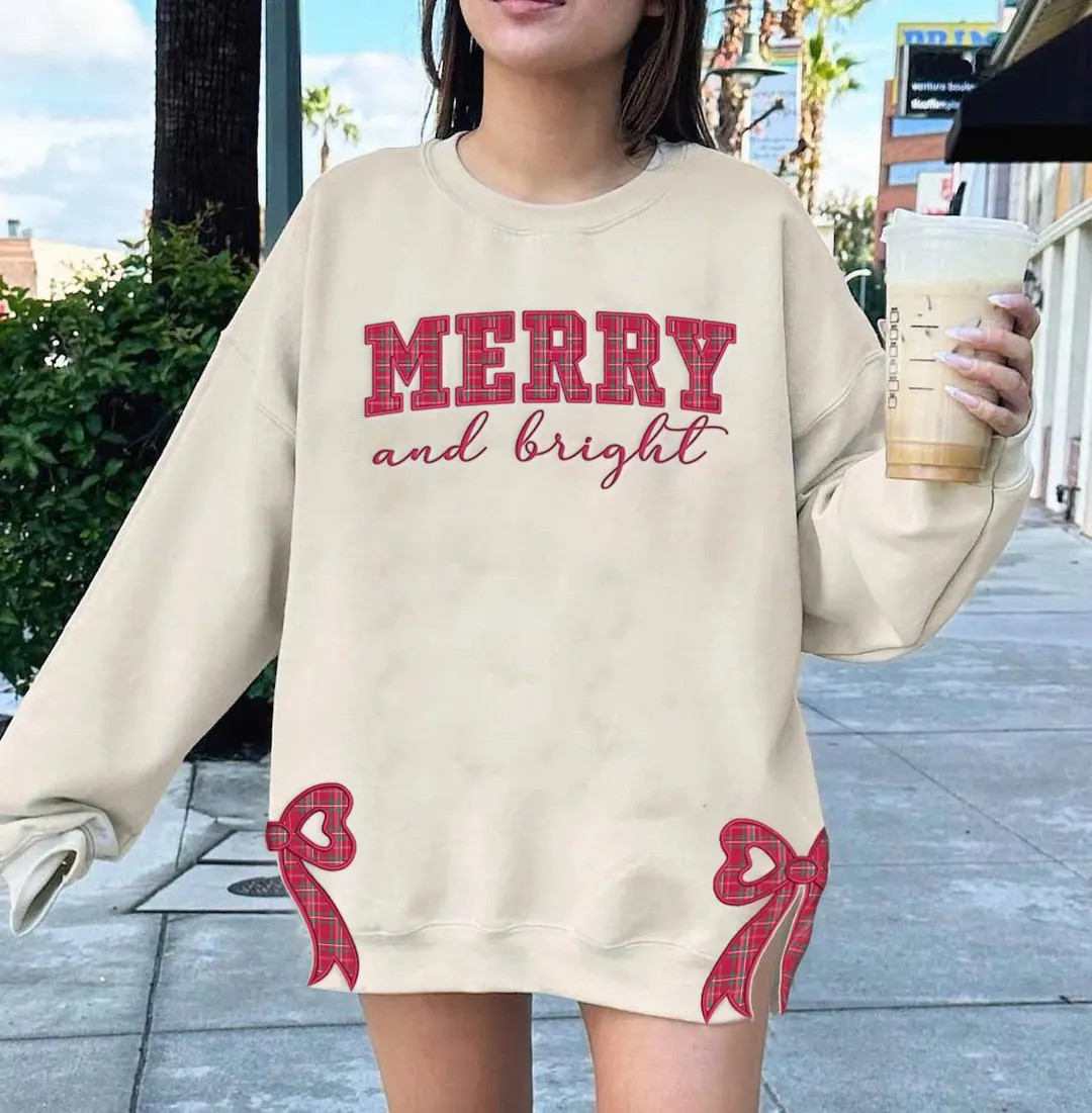 Merry and Bright Embroidered Bow Sweatshirt, Side Bow Applique Sweatshirt, Trendy Coquette Bow, S... | Etsy (US)