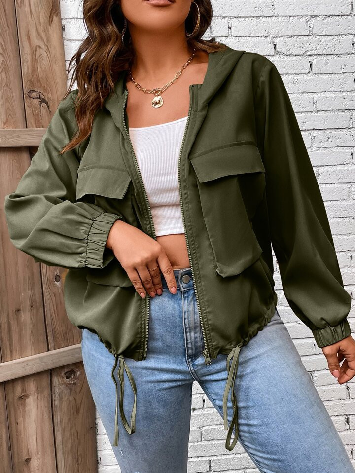 SHEIN LUNE Plus Flap Pocket Drawstring Hem Hooded Jacket | SHEIN