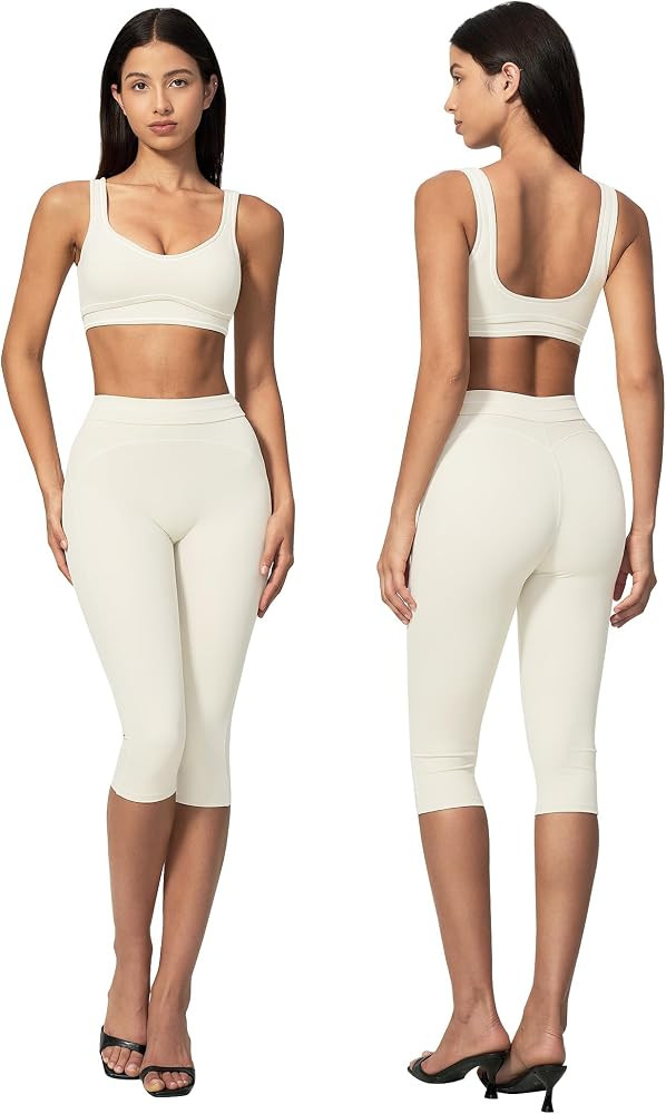 QBGJTD Womens Workout Set Two Piece Color Block U Back Sports Bra High Waist Capri Pants Gym Pila... | Amazon (US)