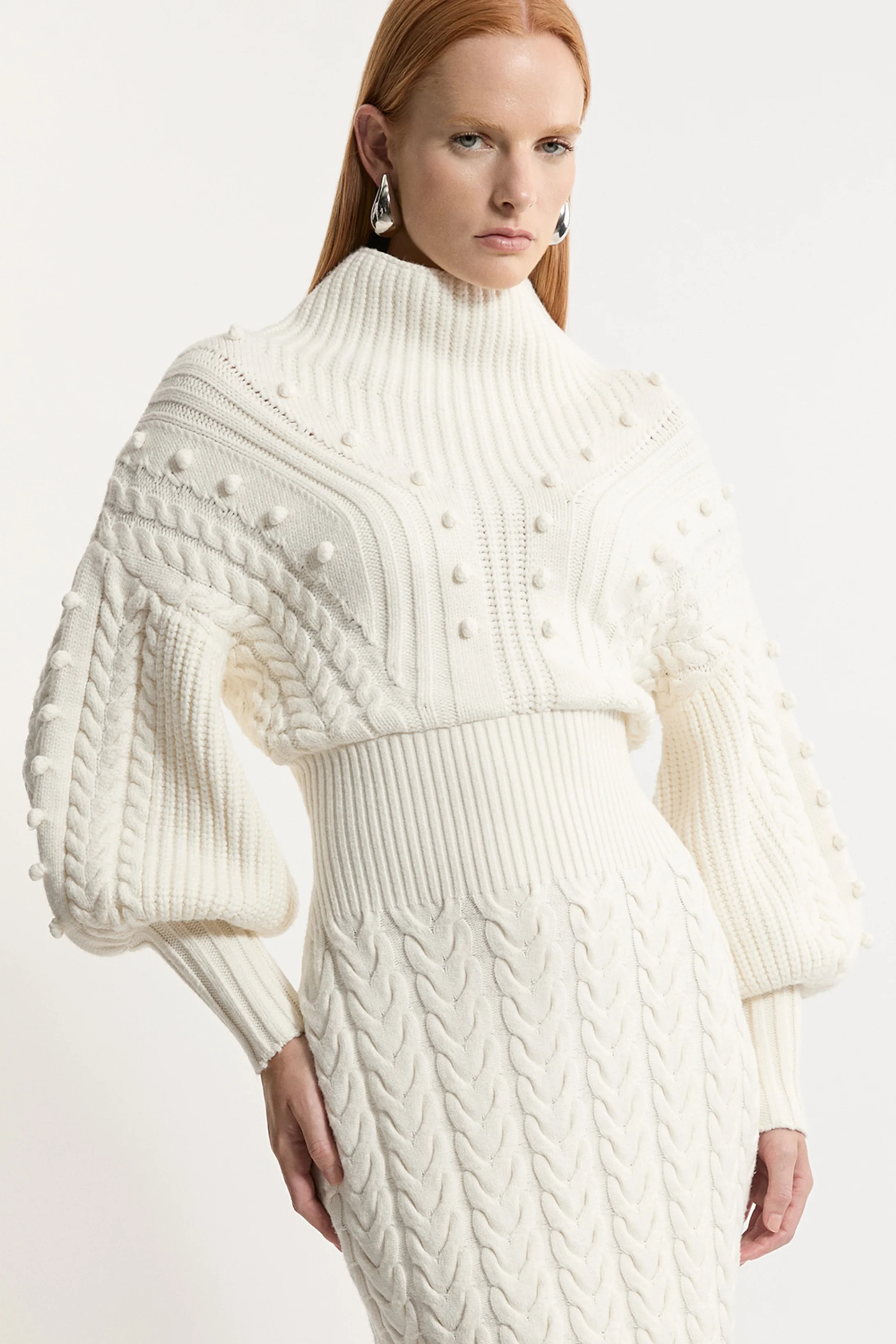 Petite Bobble Detail Balloon Sleeve Cable Knit Viscose Blend Midi Dress | Karen Millen UK + IE + DE + NL