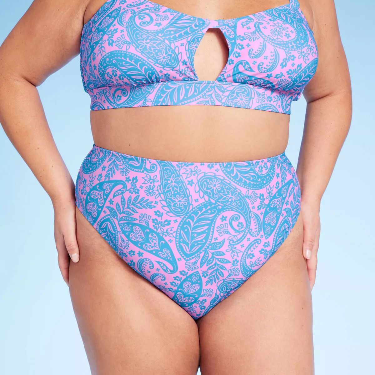 Women's Paisley Print High Waist Medium Coverage High Leg Bikini Bottom - Wild Fable™ Blue/Pink | Target