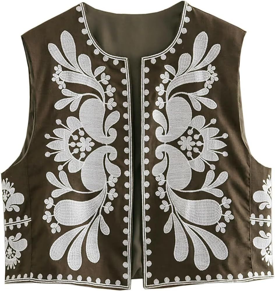 Wyeysyt Women's Vintage Embroidered Vest Boho Open Front Cropped Vests top Sleeveless Floral Card... | Amazon (US)