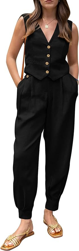 PRETTYGARDEN Women's Summer Two Piece Outfits V Neck Button Front Cropped Tank Tops Vest Pockets ... | Amazon (US)