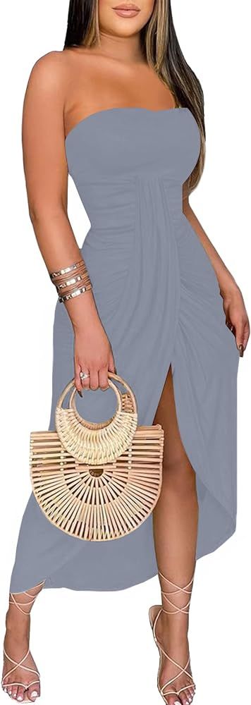 Umenlele Women's Strapless Ruched High Waist Wrap Split Asymmetrical Beach Maxi Long Dress | Amazon (US)