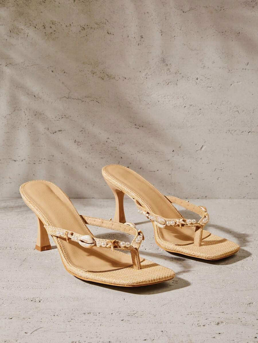 SHUZIA Women's Minimalist Fashion Comfy Seashell Decor Square Toe Stiletto Heel Thong Sandals Sum... | SHEIN