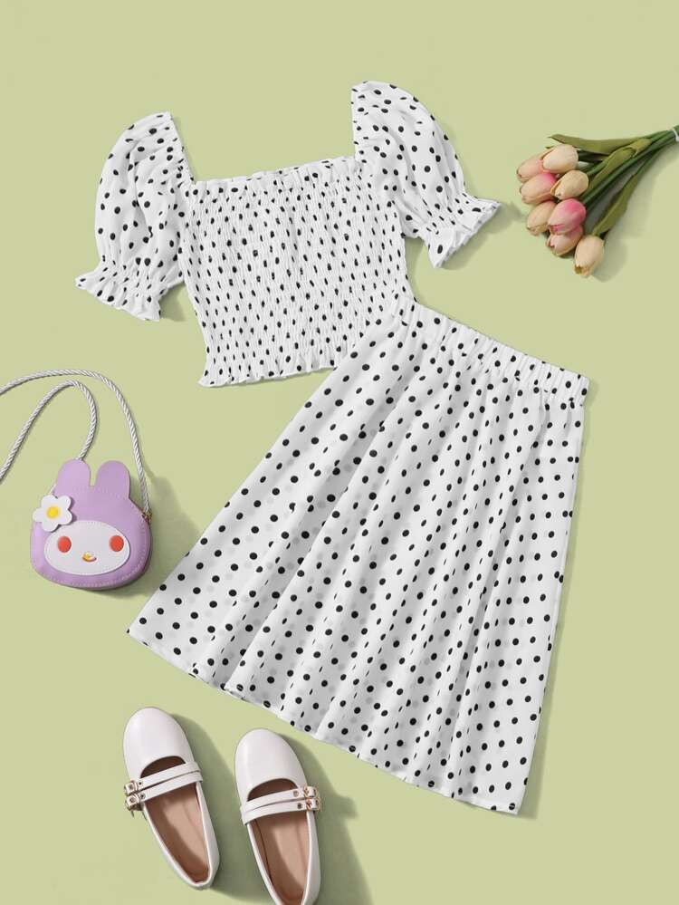 SHEIN Girls Polka Dot Puff Sleeve Top & Flare Skirt | SHEIN