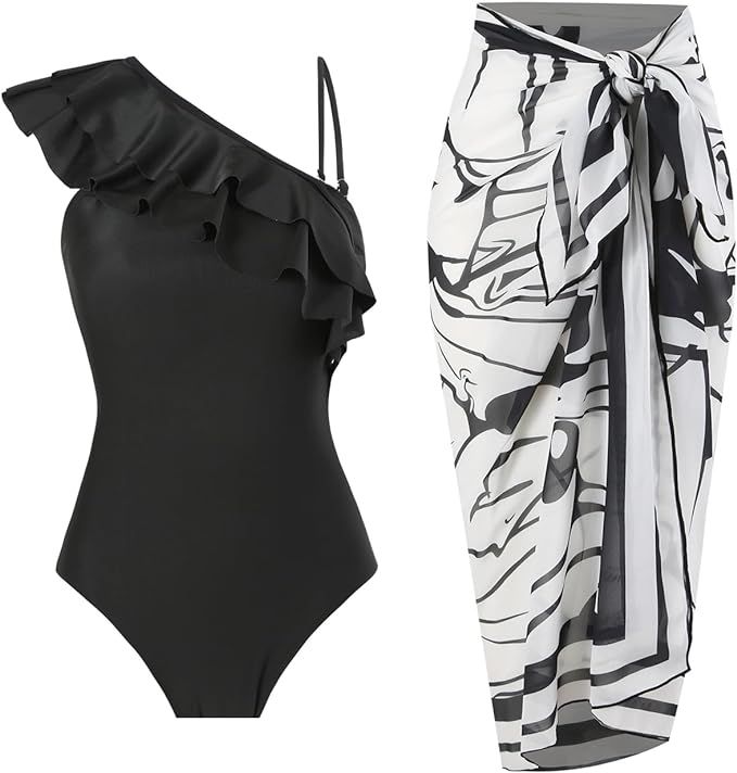 IMEKIS Women 2 Piece Swimsuit Monokini with Cover Ups Ruffles Tropical Bikini Set Summer Holiday ... | Amazon (US)