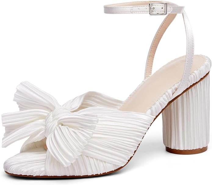 VETASTE Women's Bow Knot Heeled Sandals Bridal Wedding Open Toe Ankle Strap Chunky Heels | Amazon (US)