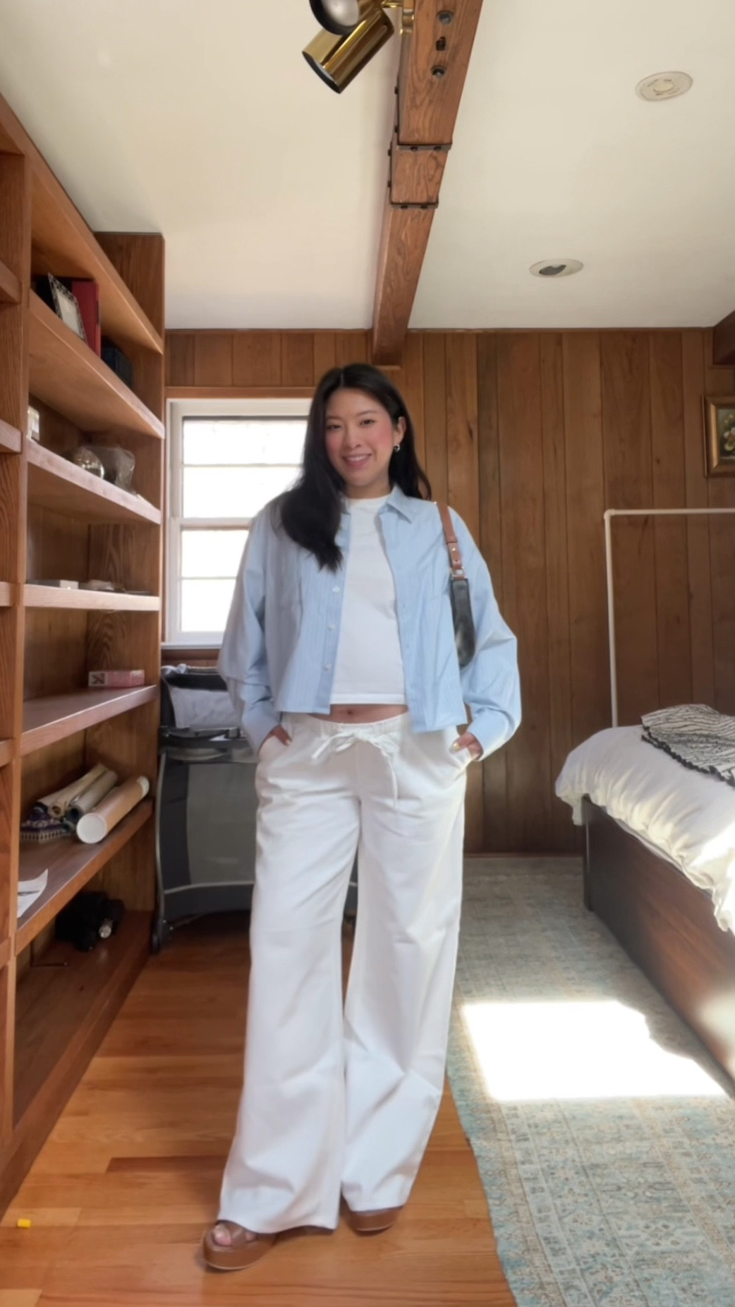 Drawstring pants during pregnancy >>
- Pants from H&M currently running a sale! 
- Oxford shirt from Uniqlo but only the pink ones left! Still very cute! 
- everlane tshirt - best fit tshirt imo 

#36weekspregnant #ootd #pregnancyoutfit #outfitreels #springoutfit #outfitinspo #whitepants #springstyles 

#LTKFindsUnder50 #LTKBump