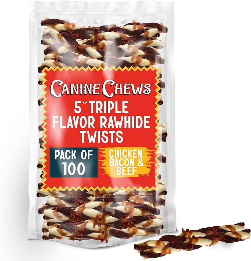 Canine Chews 5" Triple Flavor Rawhide Stick Twists for Small Dogs Dog Treat Dental Stick Chicken,... | Amazon (US)