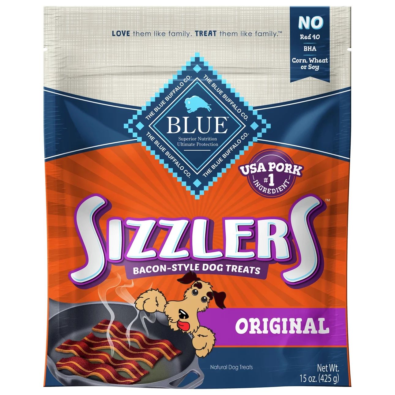 Blue Buffalo Sizzlers Bacon-Style Pork Flavor Soft Treats for Dogs, Whole Grain, 15 oz. Bag | Walmart (US)