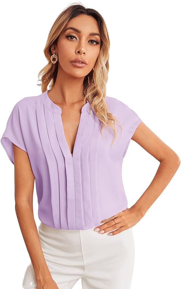 Milumia Women's Casual Notched V Neck Fold Pleated Short Sleeve Work Office Blouse Top | Amazon (US)