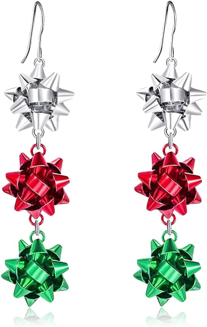 Christmas Earrings for Women, Cute Bow Dangle Earrings Holiday Party Drop Stud Earrings | Amazon (US)