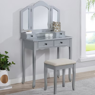 31.5" Silver Wooden Vanity Set with Tri-Fold Mirror, Upholstered Stool and 4 Drawers, Makeup Table for Bedroom - 3irtyhousy | Target