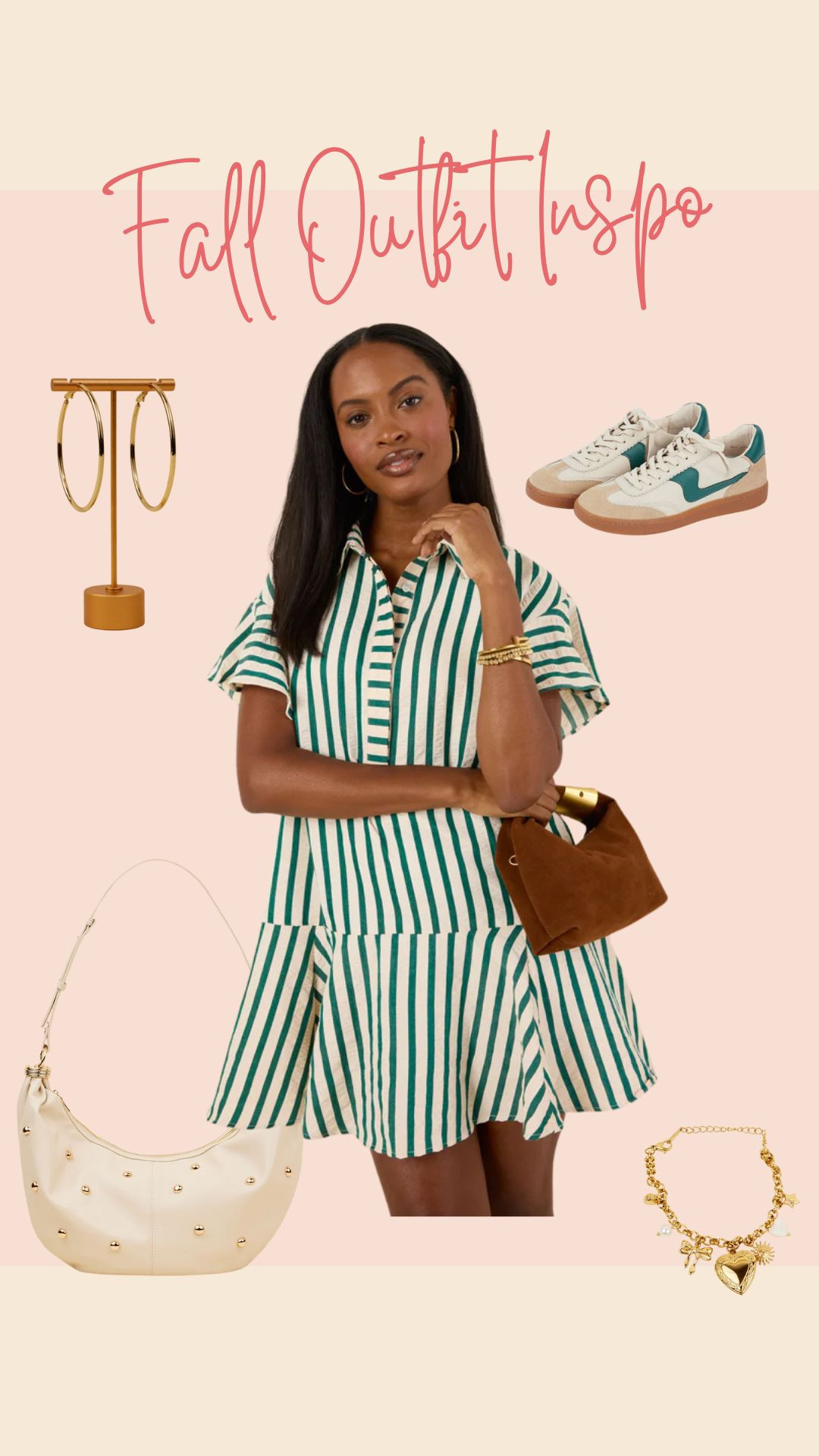 Need some fall outfit inspo? This striped dress with gold jewelry, a cute bag, and sneakers is the perfect mix of casual and put-together. Fall fashion is all about pieces you can style up or down to fit your day. 

 #LTKSeasonal #LTKFindsUnder100 #LTKStyleTip