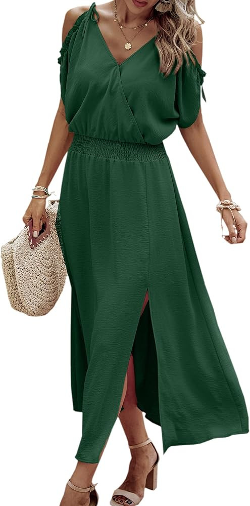Angashion Women's 2024 Summer Maxi Dress Wrap V Neck Wedding Guest Cold Shoulder Split Smocked Hi... | Amazon (US)